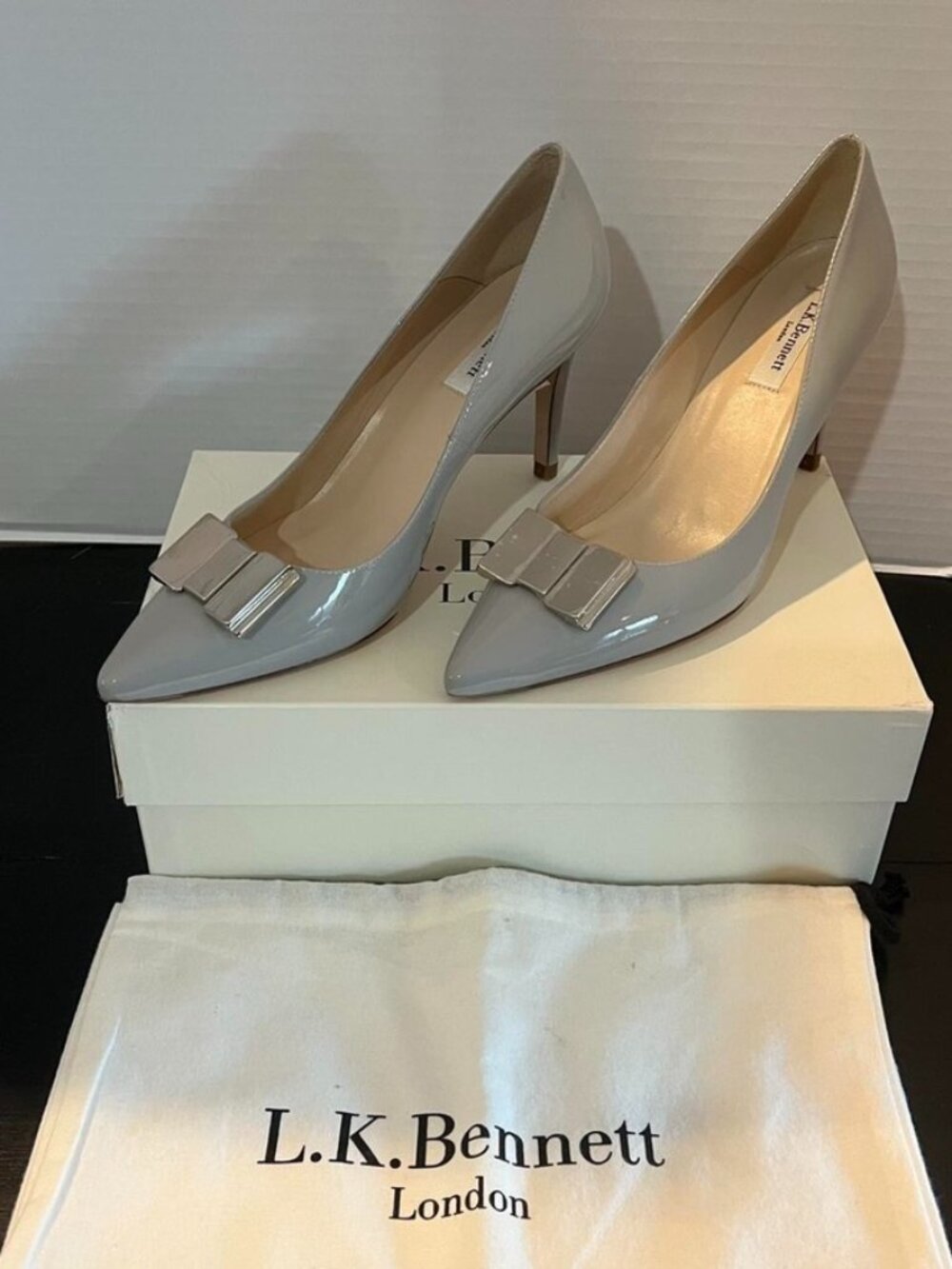 L.K. Bennett London, New, Light Gray Patent Leather Pumps w/Bows, Size: 9